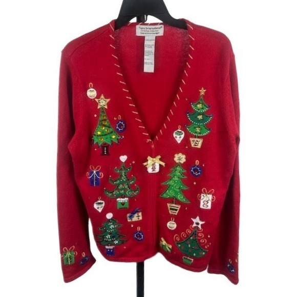Tiara International Sweaters - Vintage Tiara International Red Christmas Tree Cardigan Sweater Size Large